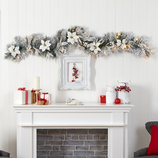 6ft. Pre-Lit LED Flocked Poinsettia & Berry Christmas Garland